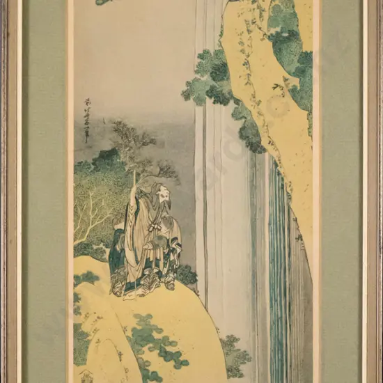 framed Japanese print "The Poet Li Po Admiring a Waterfall" H-260 W-120 (faded)