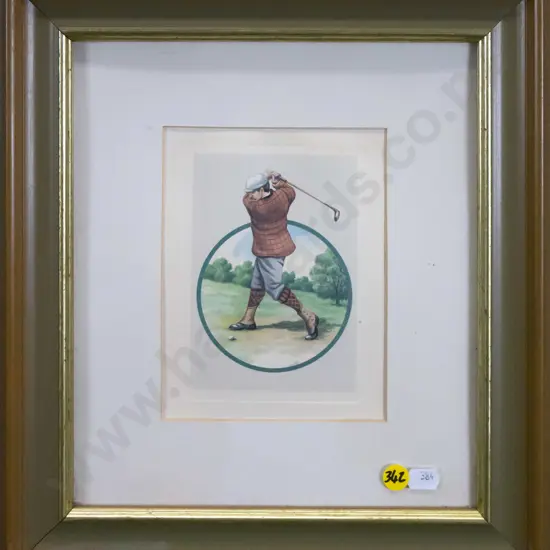 framed colored etching "A Golfers Swing" H-160 W-120