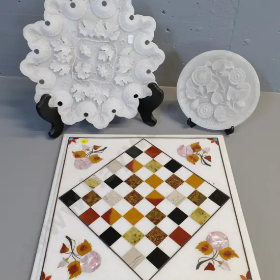 Italian stone marquetry game or display board 340 x 340 and 2 carved white alabaster plaques, some staining