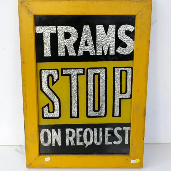 vintage timber framed glass Wellington tram sign with silver foil backing - Trams Stop on Request H535 W380