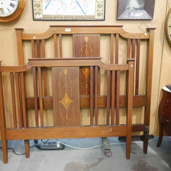 vintage Empire style mahogany double size bed ends with marquetry detail, polish needs work. Head H1440 W1370