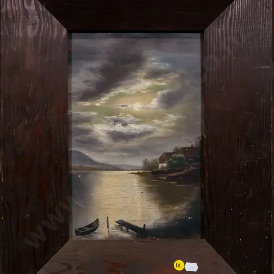 framed oil - moonlight on lake scene (slight scratching) H-290 W-190