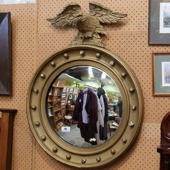 composite gilt framed bird themed mirror- major repair to bird, cracks and chips on frame H-860 W-640