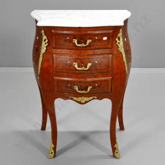 vintage mahogany 3-drawer night-stand w/floral marquetry & ormolu ornamentation, chip to marble top H750 W530 D320