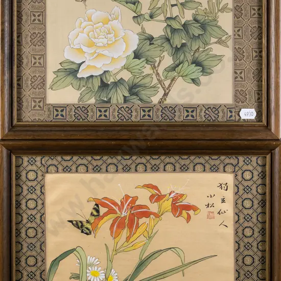 2x framed ink and watercolour on silk - butterflies and flowers Each H-220 W-270