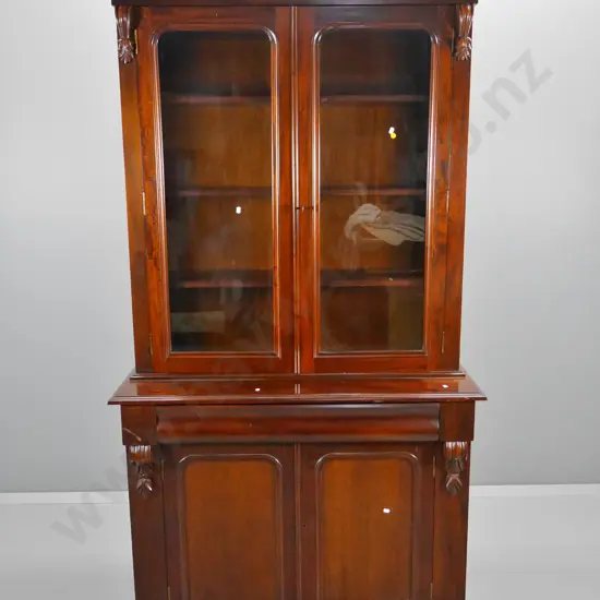 vintage mahogany bookcase chiffonier w/drawer, 2 glazed & 2 solid doors, with key - chip to top edge H2020 W1070 D420