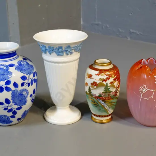 4 vases - Satsuma, pink opalescent glass, blue & white, and a Wedgwood glazed jasperware H-160