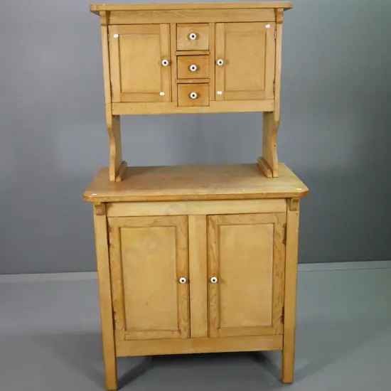 vintage solid pine kitchen cabinet with porcelain knobs, 2 upper & 2 lower cupboards, some splitting H1550 W860 D560