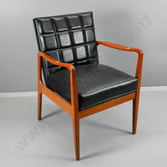mid-century mahogany occasional chair with black (leather?) upholstery, slight rubbing H830 W580 D600