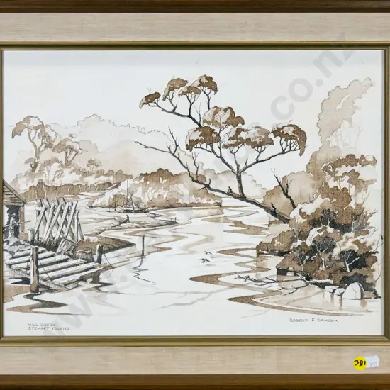 Robert F Sansom - framed watercolour "Mill Creek, Stewart Island" H-290 W-390