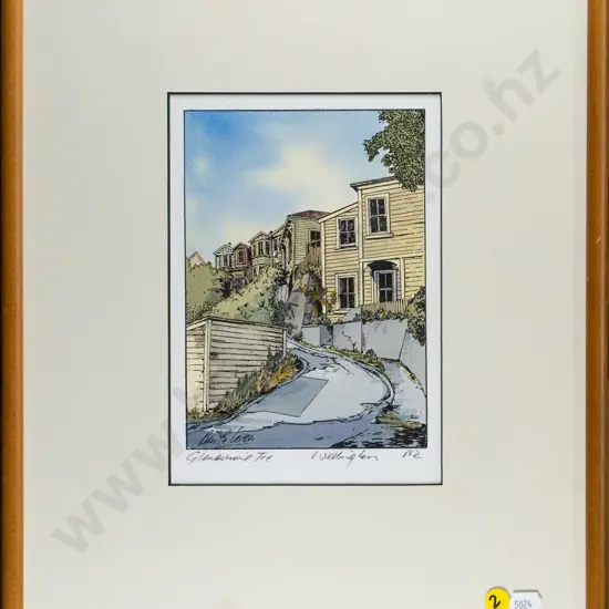 framed Peter Leitch hand coloured print - Wellington street scene H-190 W-130