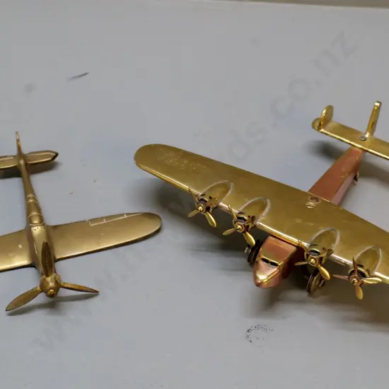 2 aeroplane models - one brass and copper with moving propellers L-170 W-240 one solid brass, missing stand