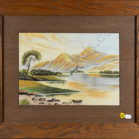 framed watercolour - lake and mountain scene H-200 W-270