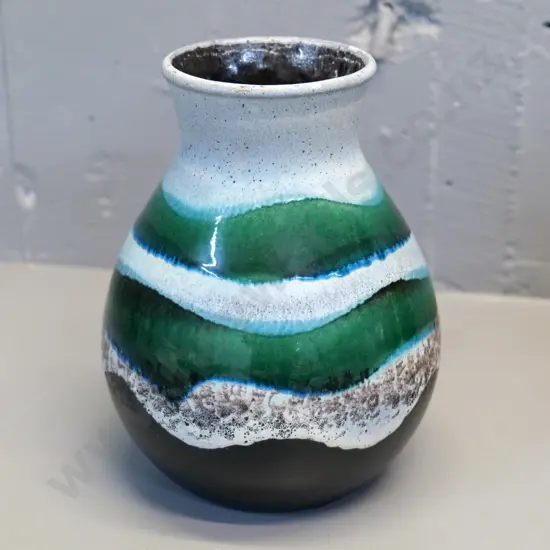 German pottery wave pattern vase - green and black - stamped 122/21. H-220 D-170