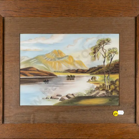 framed watercolour - lake and mountain scene H-200 W-270