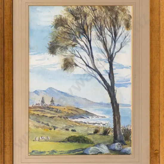 unsigned framed watercolour - coastal landscape H-330 W-230