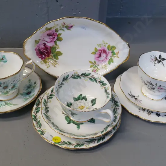 Royal Albert china - 2 trios (one with warped saucer) Marguerite cup & saucer, American Beauty biscuit plate