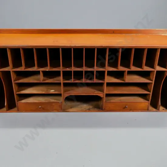 vintage kauri pigeonholes with 2 drawers - would have been top for cabinet or work table - finish wear H580 W1410 D250