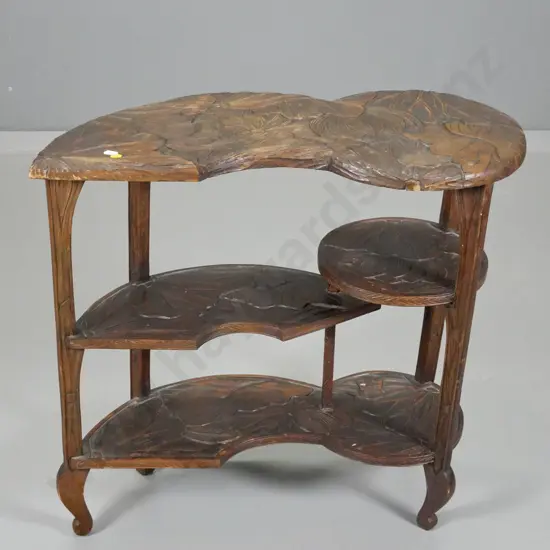 chip-carved 3-shelf display table w/lotus motif carving - loose in joints H600 W650 D290