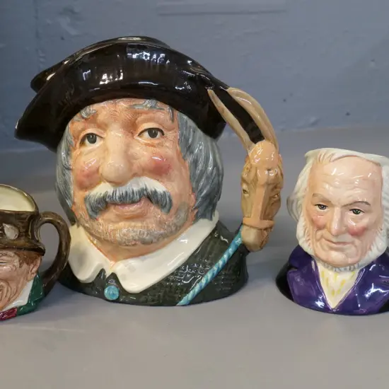 3 Royal Doulton toby jugs - large Sancho Panca H-200, smaller John Doulton, one other