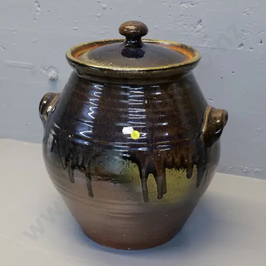 large studio pottery lidded storage crock with handles, drip glaze H-390 W-360