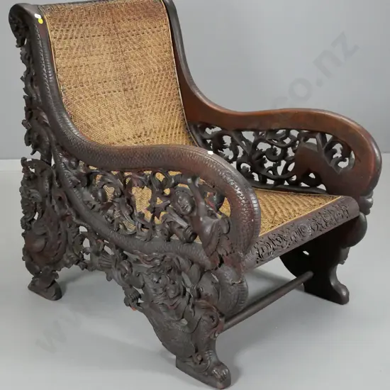 vintage asian heavily carved hardwood dragon motif chair w/woven cane seat & back - some damage to cane H800 W600 D800