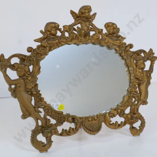 ornate cast metal dressing table mirror with cupid motif H-330 W-430