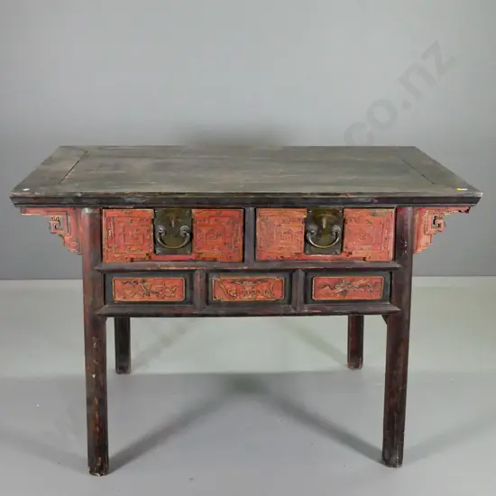 antique Chinese altar table with 2 drawers, carved facings, brass drop handles. Joints separating on top H890 W1270 D720