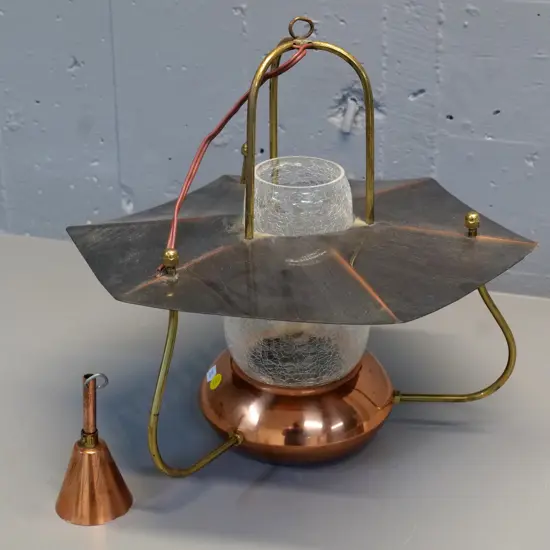 retro copper and brass ceiling light fitting w/crackle glass chimney, has copper rose, no chain, some pitting H340