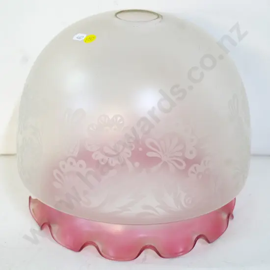 large frosted and etched glass lamp shade with pink frilled base H-290 D-290