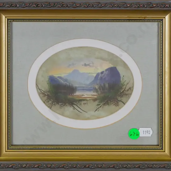 framed oval watercolour - lake and mountain scene H-90 W-120