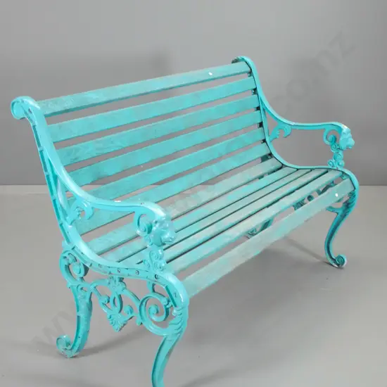 garden bench seat with lion head motif cast metal ends - wear to paint H820 W1260 D610