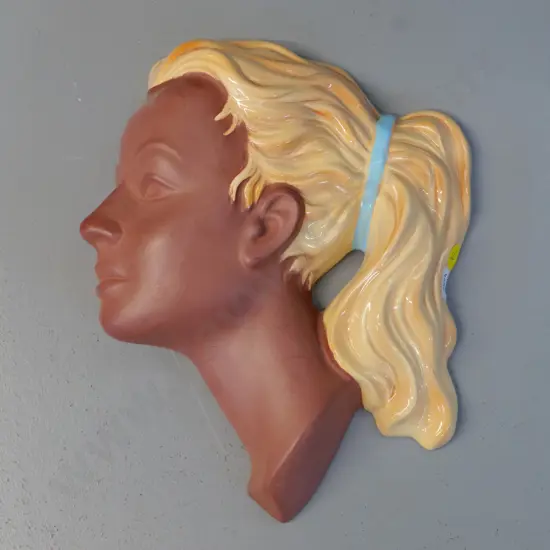 retro German terracotta wall hanging head profile with glazed hair H-240 W-200