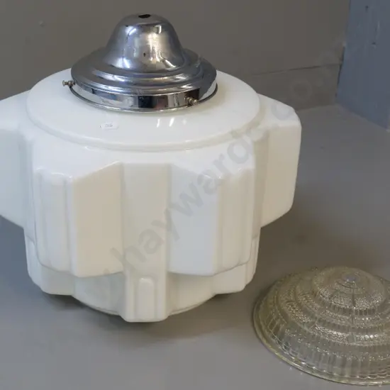 large deco milk glass ceiling light fitting with chrome journal and depression glass insert H350 D350
