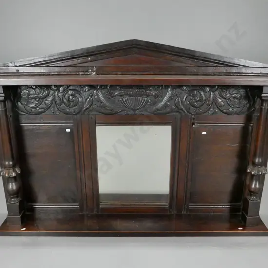 vintage heavily carved oak over-mantle bevelled edge mirror with 2 column - damage to one panel H830 W1230 D190