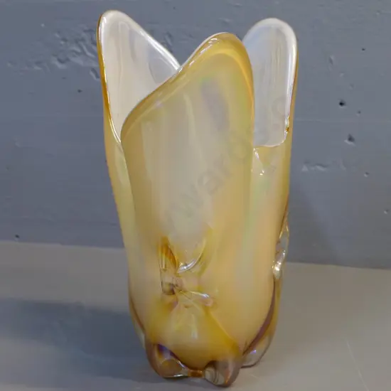 art glass vase - yellow lustre glass with white lining H-300
