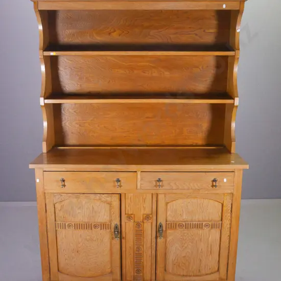 deco oak hutch dresser with open shelf top, 2 drawers, 2 doors with carved detail, brass drop handles H1830 W1180 D440