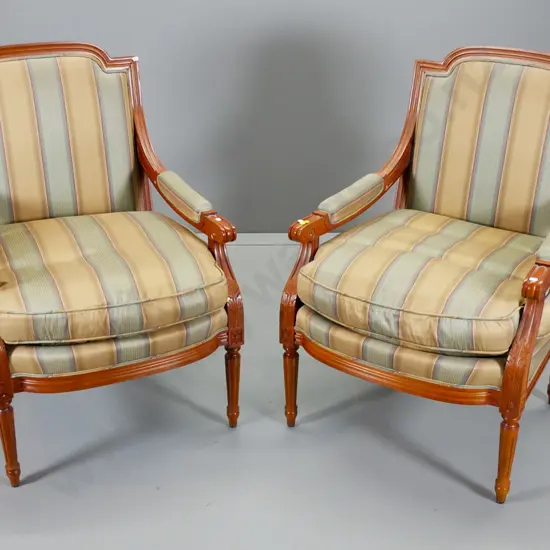 pair of mahogany Empire style lounge chairs with show-wood frames, striped satin upholstery H980 W660 D640