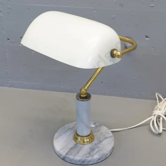 banker's lamp with white glass shade, marble base, brass hardware H-380 Shade W-260