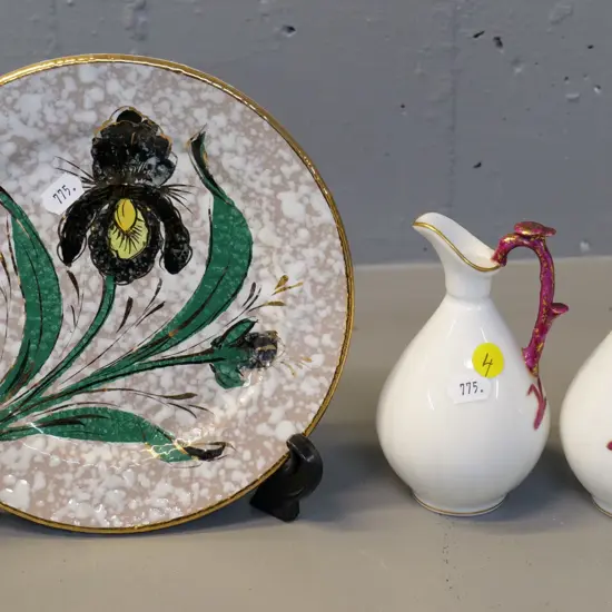 pair of small Limoges jug vases - fleck to one handle - and an Italian irises plate Diameter 190