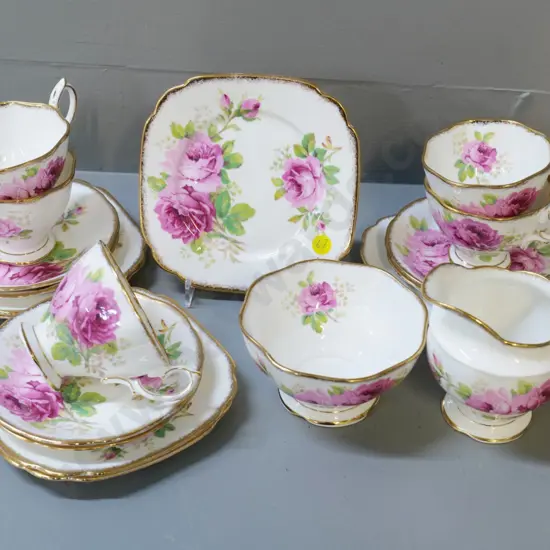 Royal Albert American Beauty part tea set - 5 trios, cream & sugar, spare saucer