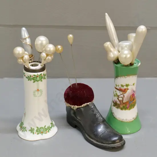 3 vintage hat pin holders - 2 china, one with sterling silver band, and a metal shoe, plus 13 hat pins