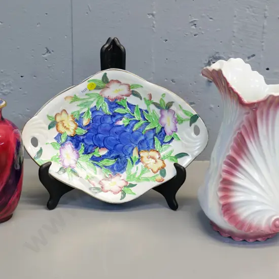 Maling dish with some gilt rubbing, a lustre vase with unreadable mark, and a shell-theme jug, no mark, H-240