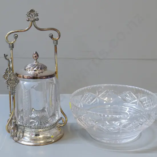 Stuart cut crystal salad bowl D-180 and a crystal and EPNS pickle jar with tongs H-270