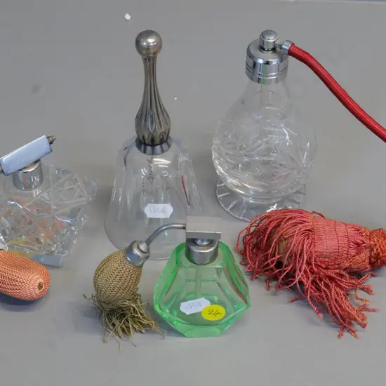 3 vintage perfume atomisers (one uranium glass)  and a glass bell H150 - atomiser bulbs not functioning