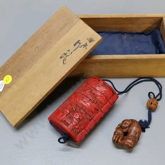 reproduction composite cinnabar style inro with faux wood netsuke, in wooden box