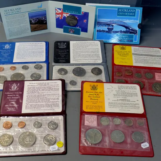 6 New Zealand coin collector sets - 1969, 71, 82, 83, 84 and Auckland Centennial $5