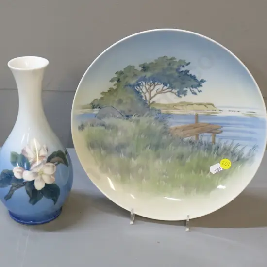 2 pieces Royal Copenhagen china - coastal scene plate D-260 and a floral vase