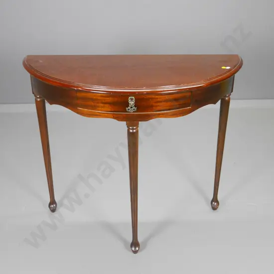reproduction mahogany cab-leg half-round hall table with drawer, brass handle, some marks to polish H690 W790 D345
