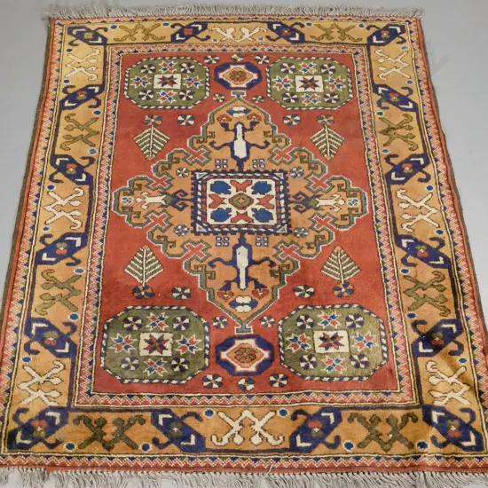 small Persian style hand-knotted wool floor rug - browns, red and green L1210 W1040